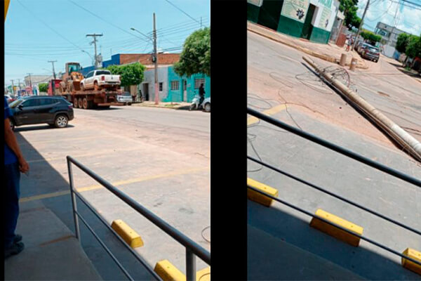 Após caminhão derrubar poste, comerciantes ficam sem energia na rua General Osório em Cáceres