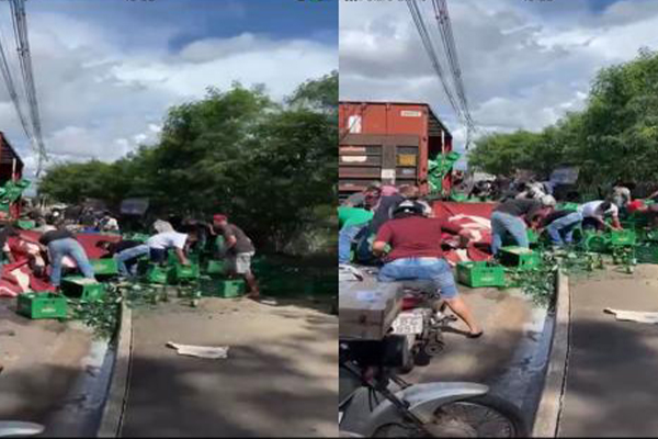 Motorista derruba carga de cerveja e populares fazem 'limpa'; veja o vídeo