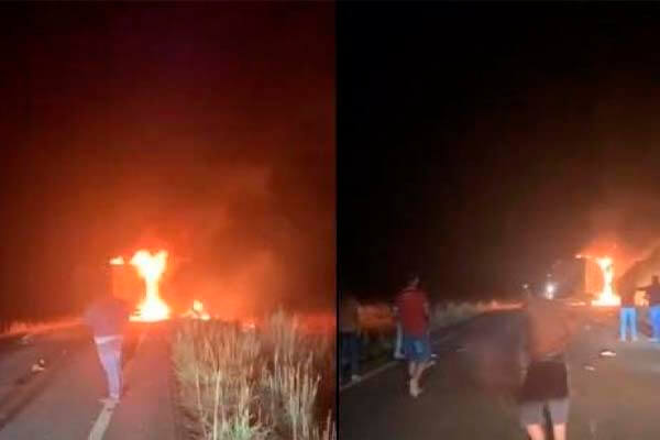 Motociclista morre carbonizado após colidir com caminhão