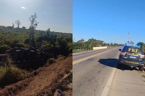 Carreta-com-tubos-de-PVC-sai-da-pista-e-despenca
